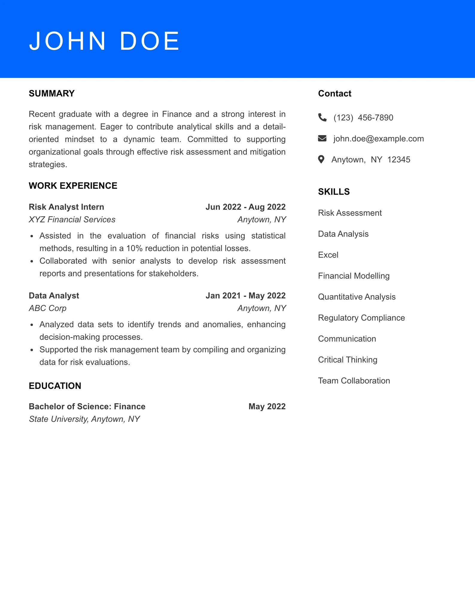 Selected Risk Analyst Resume
