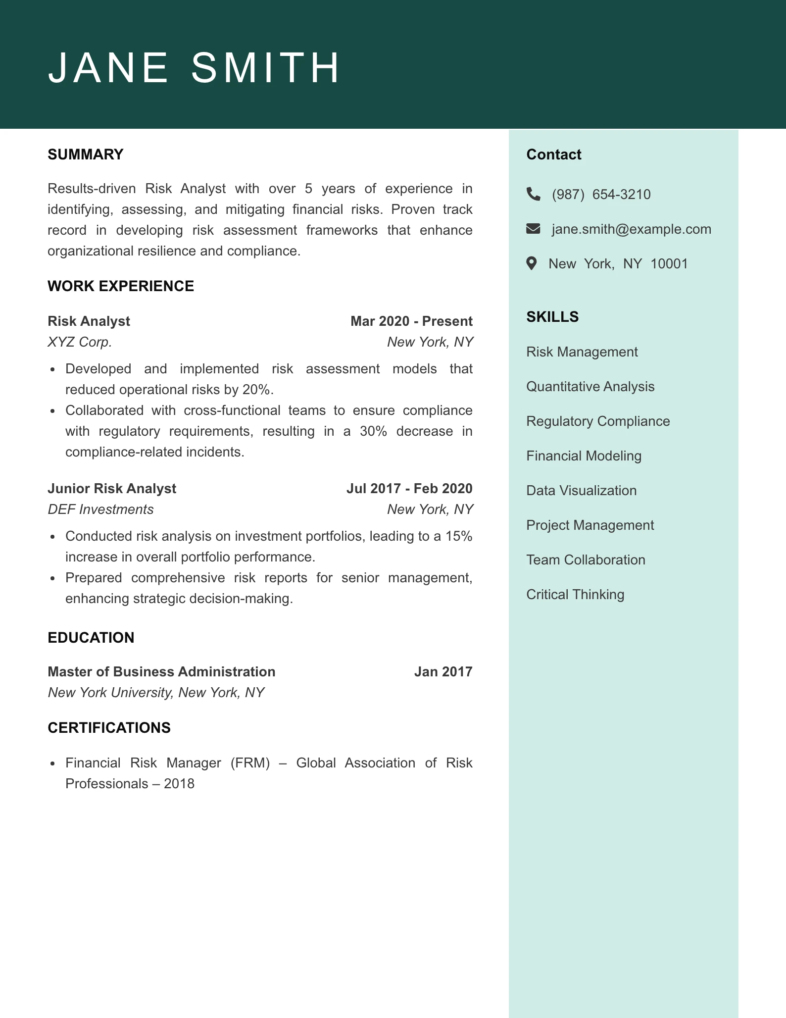 Mid Level Risk Analyst Resume Example