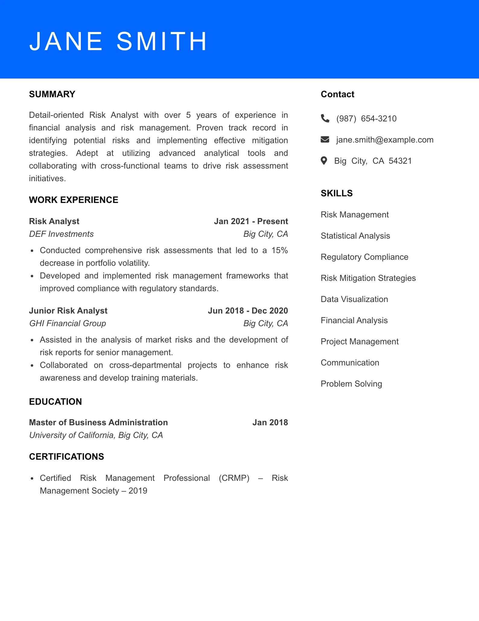 Mid Level Risk Analyst Resume Sample
