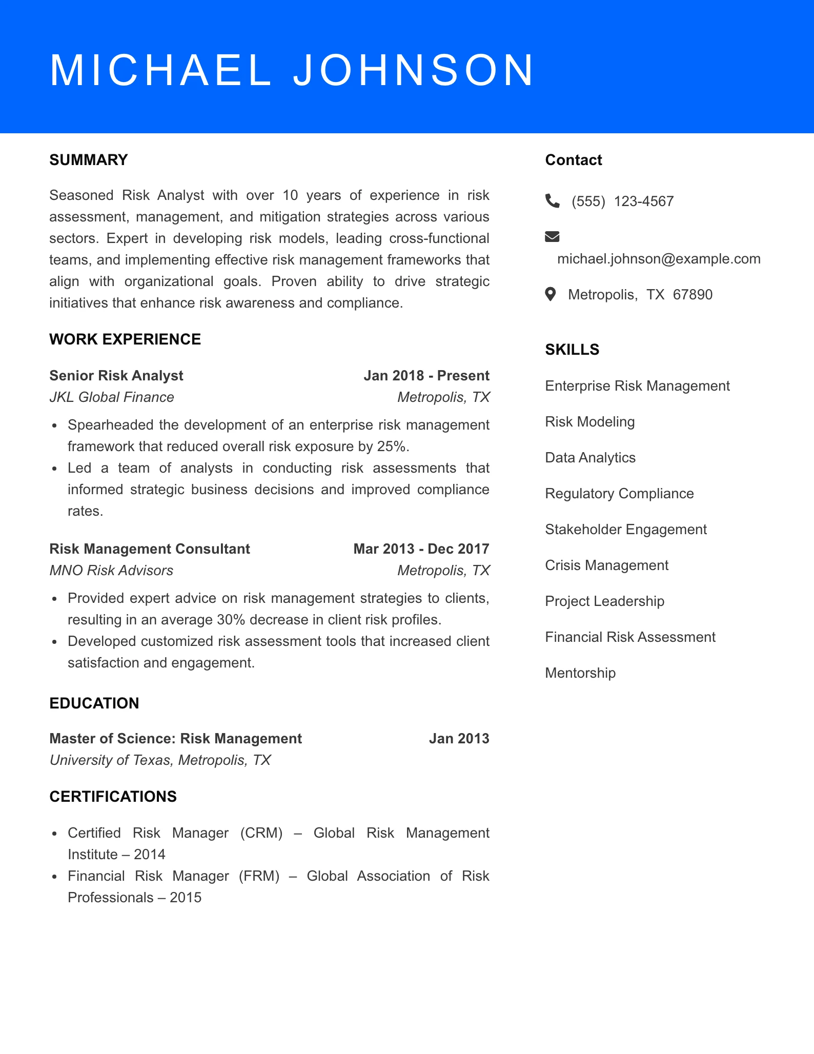 Senior Level Risk Analyst Resume Sample