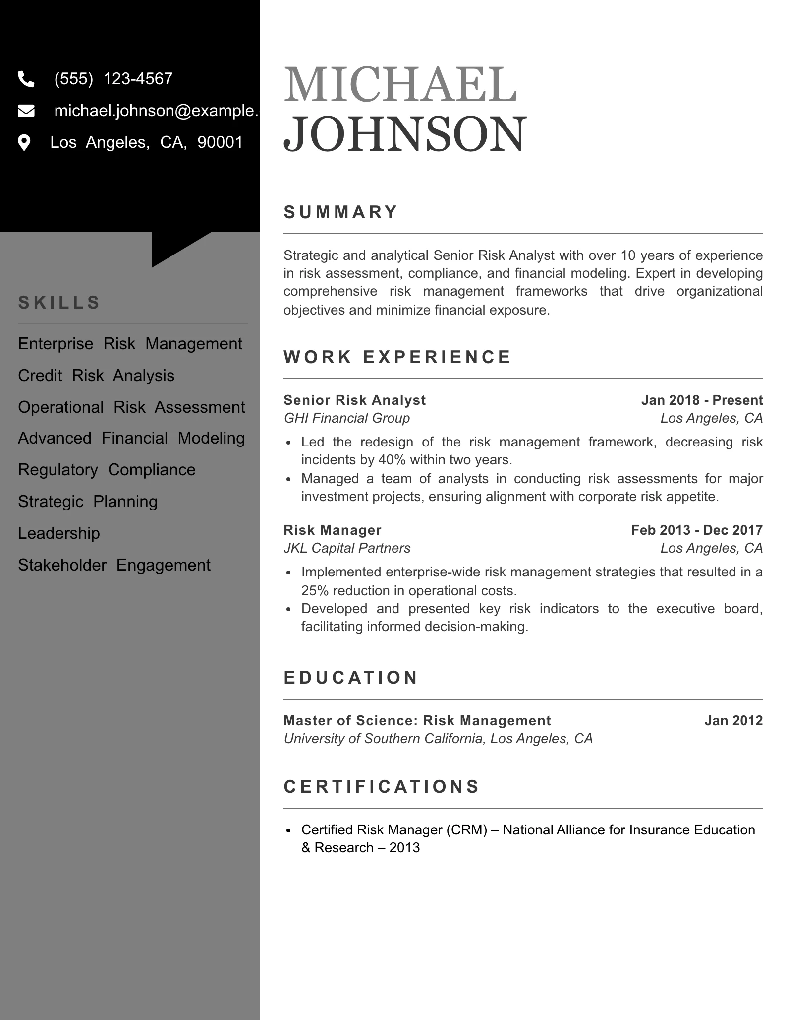 Senior Level Risk Analyst Resume Example