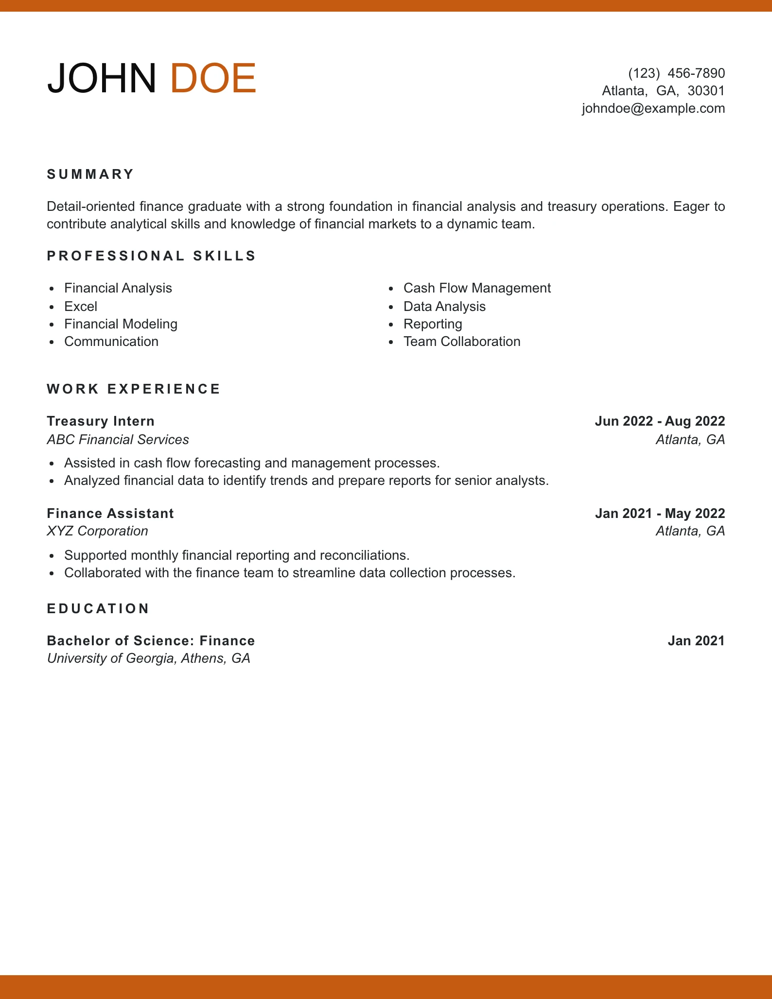 Entry Level Treasury Analyst Resume Example