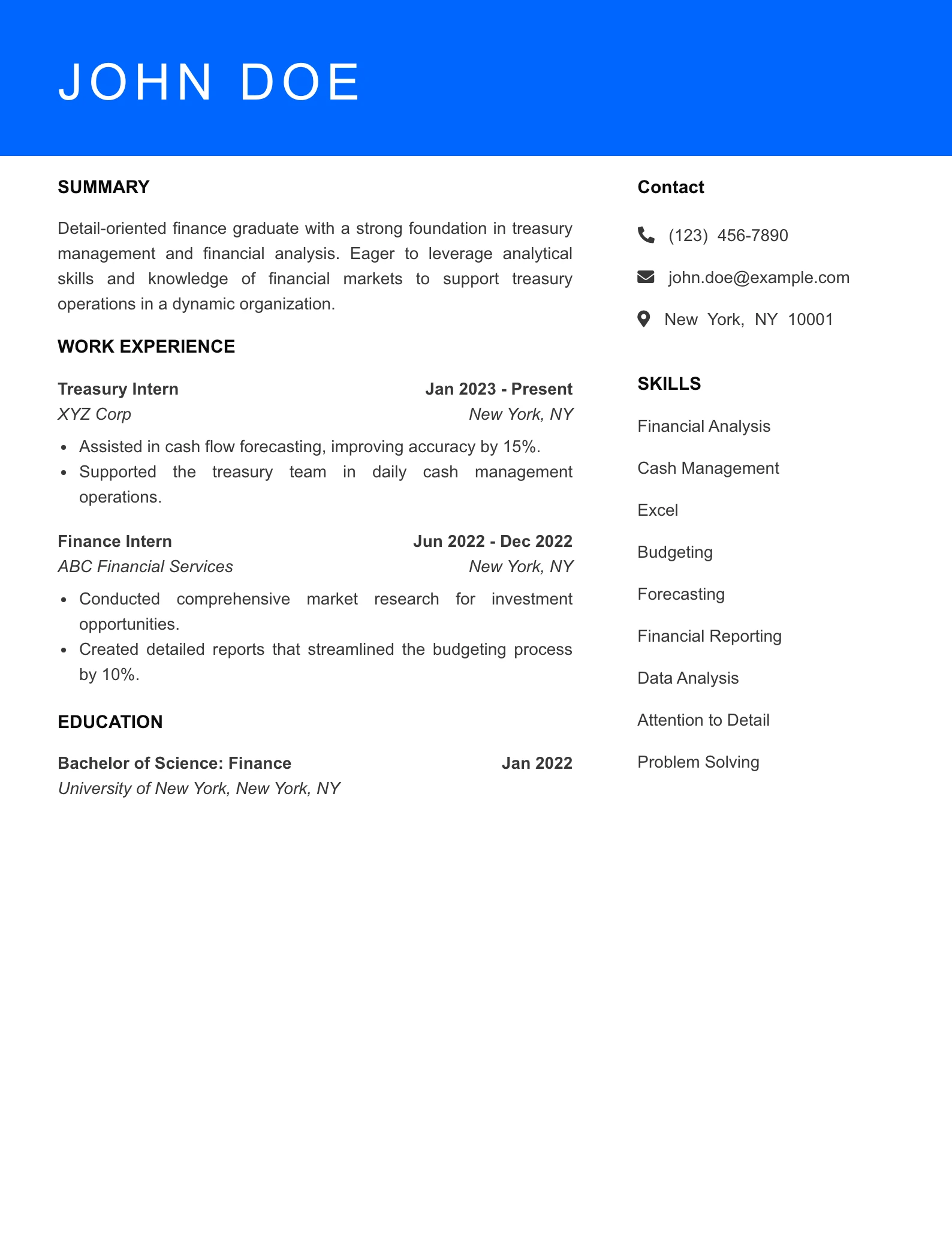Selected Treasury Analyst Resume