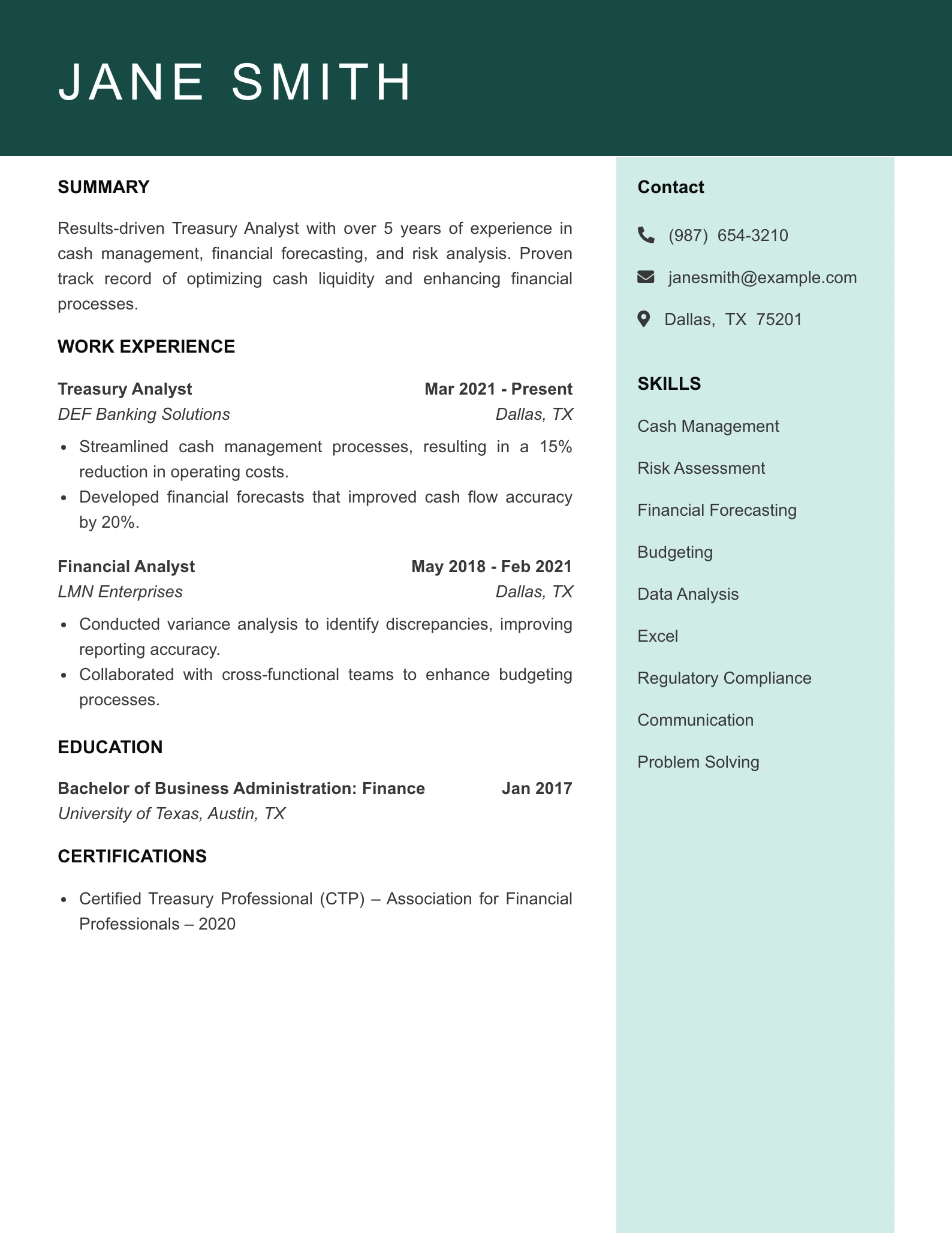 Mid Level Treasury Analyst Resume Example