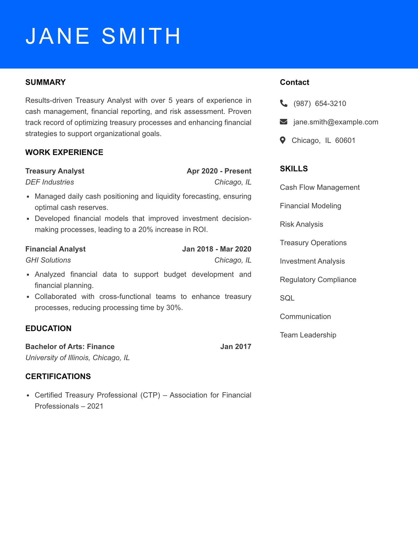 Mid Level Treasury Analyst Resume Sample