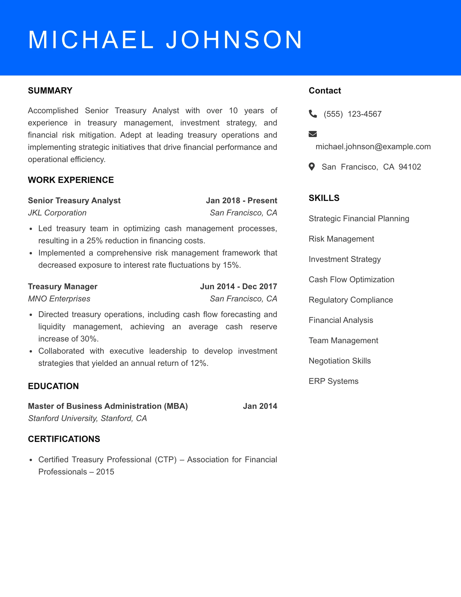 Senior Level Treasury Analyst Resume Sample