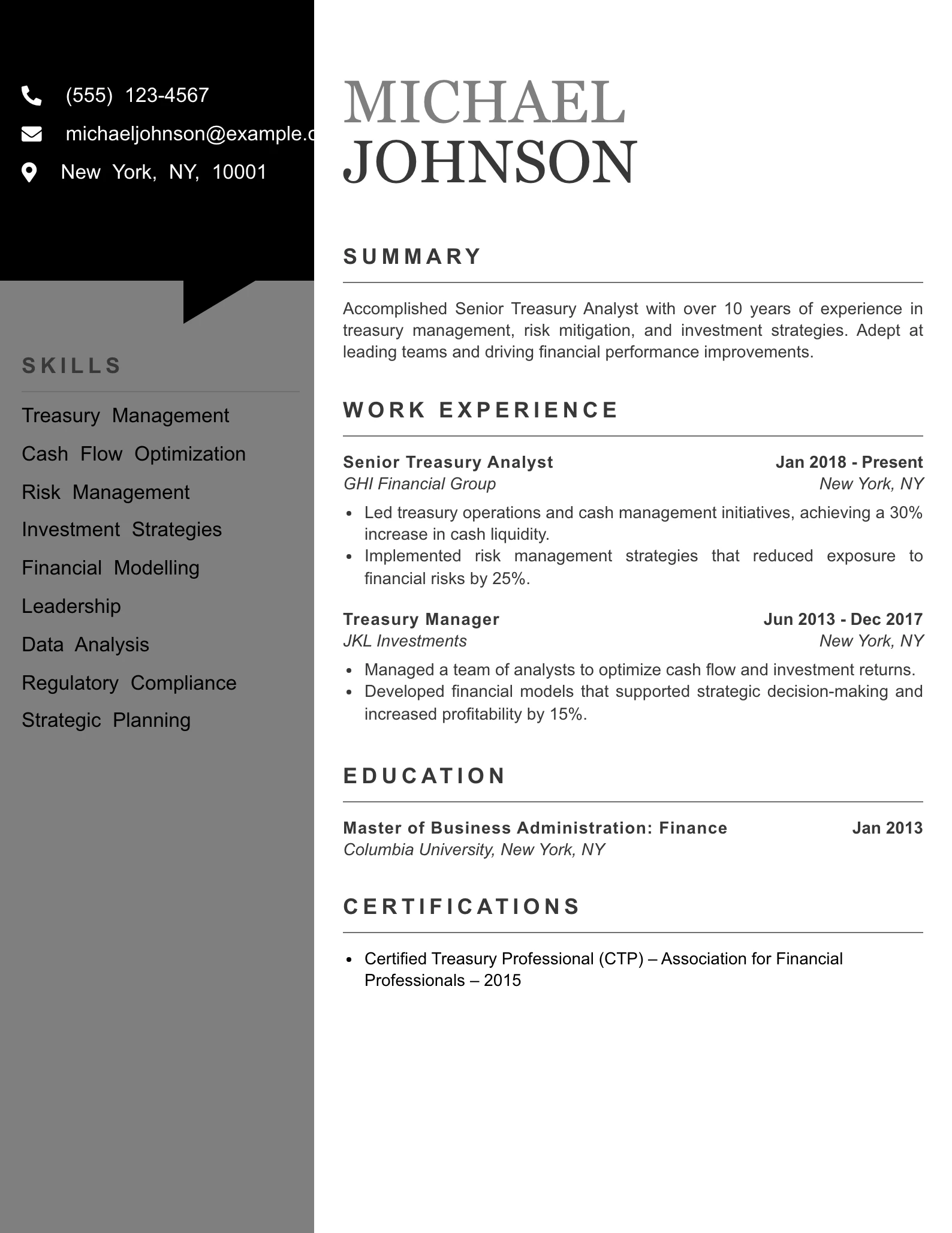 Senior Level Treasury Analyst Resume Example
