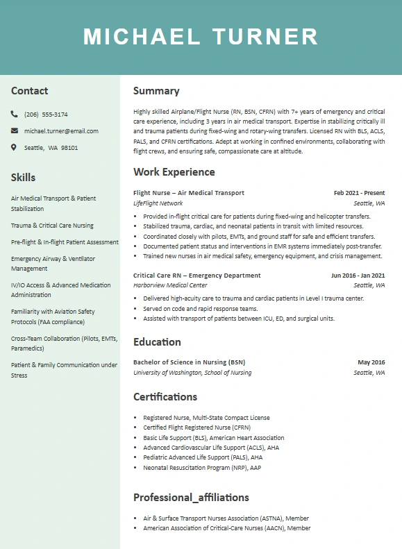 Airplane Nurse Resume Example for showing summary, skills, work experience, education, certifications, and professional affiliations in a green-accent template.