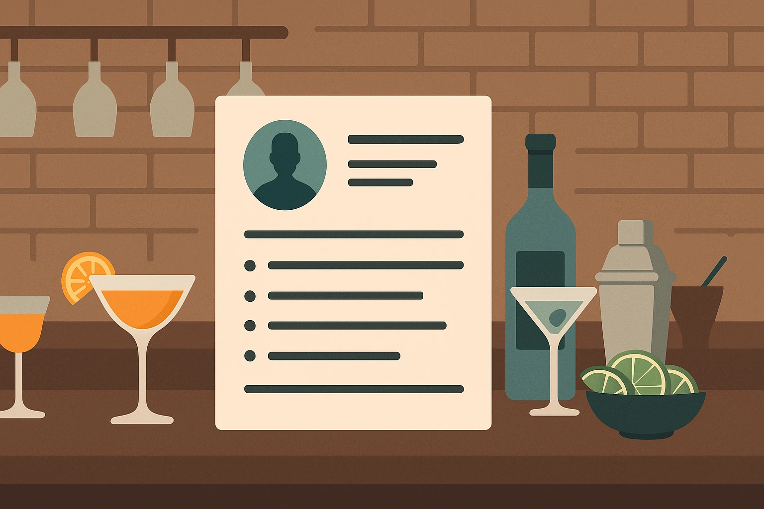 Flat-style illustration of a bartender resume placed on a bar counter with cocktails, shaker, and bottles in the background.