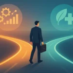A professional stands at a crossroads with two glowing paths, symbolizing a career change into fields like technology, sustainability, or healthcare.