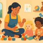 A colorful illustration of a daycare center where children are playing with toys and blocks while a caregiver supervises in a bright, cheerful room with rugs, shelves of toys, and large windows.