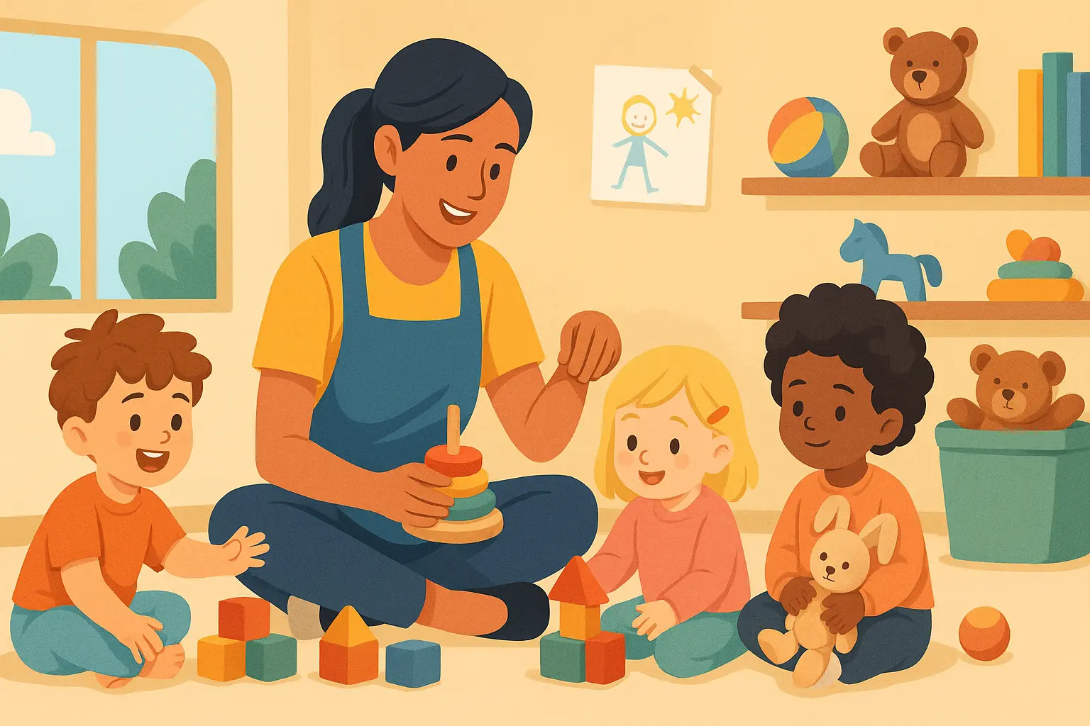 A colorful illustration of a daycare center where children are playing with toys and blocks while a caregiver supervises in a bright, cheerful room with rugs, shelves of toys, and large windows.
