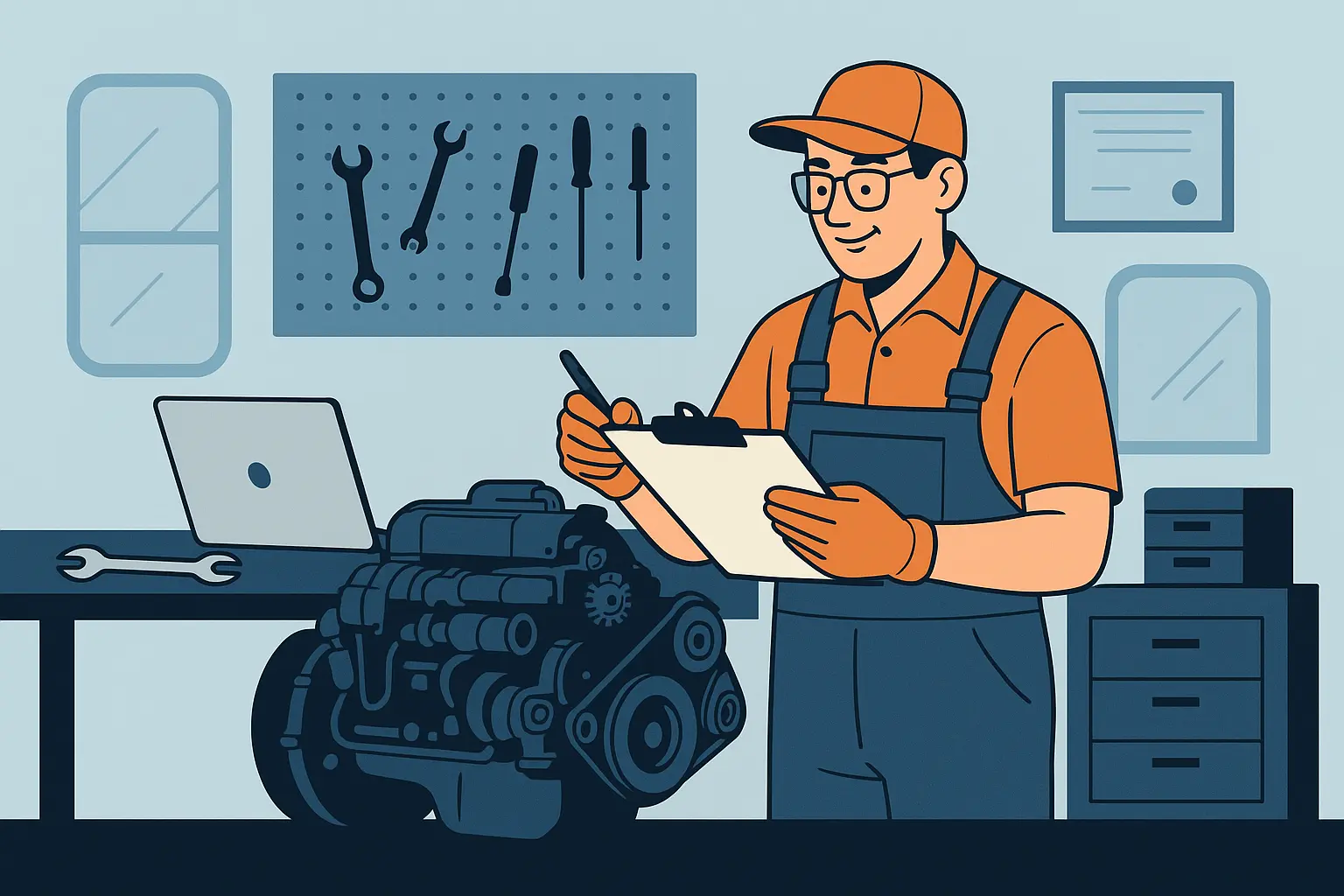 Illustration of a diesel mechanic in a workshop, wearing orange gear and reviewing notes on a clipboard beside an engine, laptop, and tools.