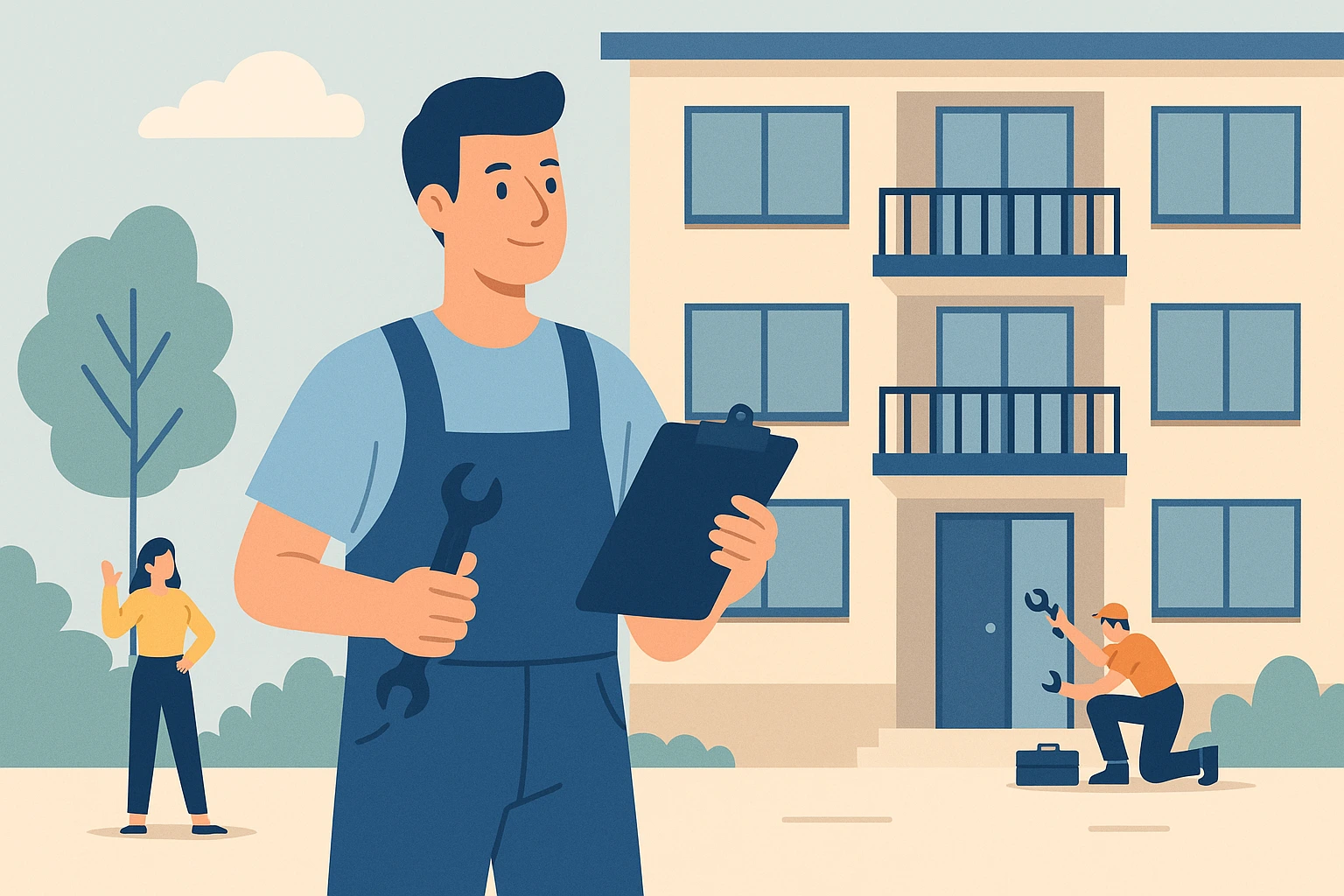 Illustration of a maintenance technician repairing equipment in a building with tools and pipes in the background.