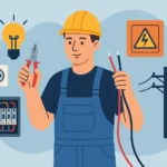 Illustration of an electrician wearing a hard hat and holding tools with electrical symbols like wires, lightbulb, power line, and fuse box in the background.