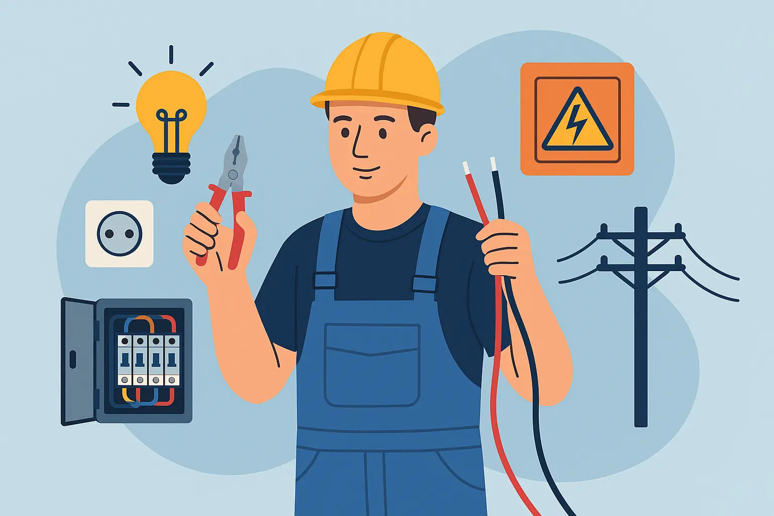 Illustration of an electrician wearing a hard hat and holding tools with electrical symbols like wires, lightbulb, power line, and fuse box in the background.