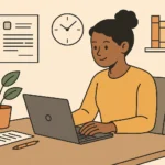 Illustration of a young job seeker writing a cover letter on a laptop, with resume and career pathway symbols in the background.