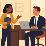 Illustration of an assistant property manager overseeing a residential building with tenants and a maintenance worker.