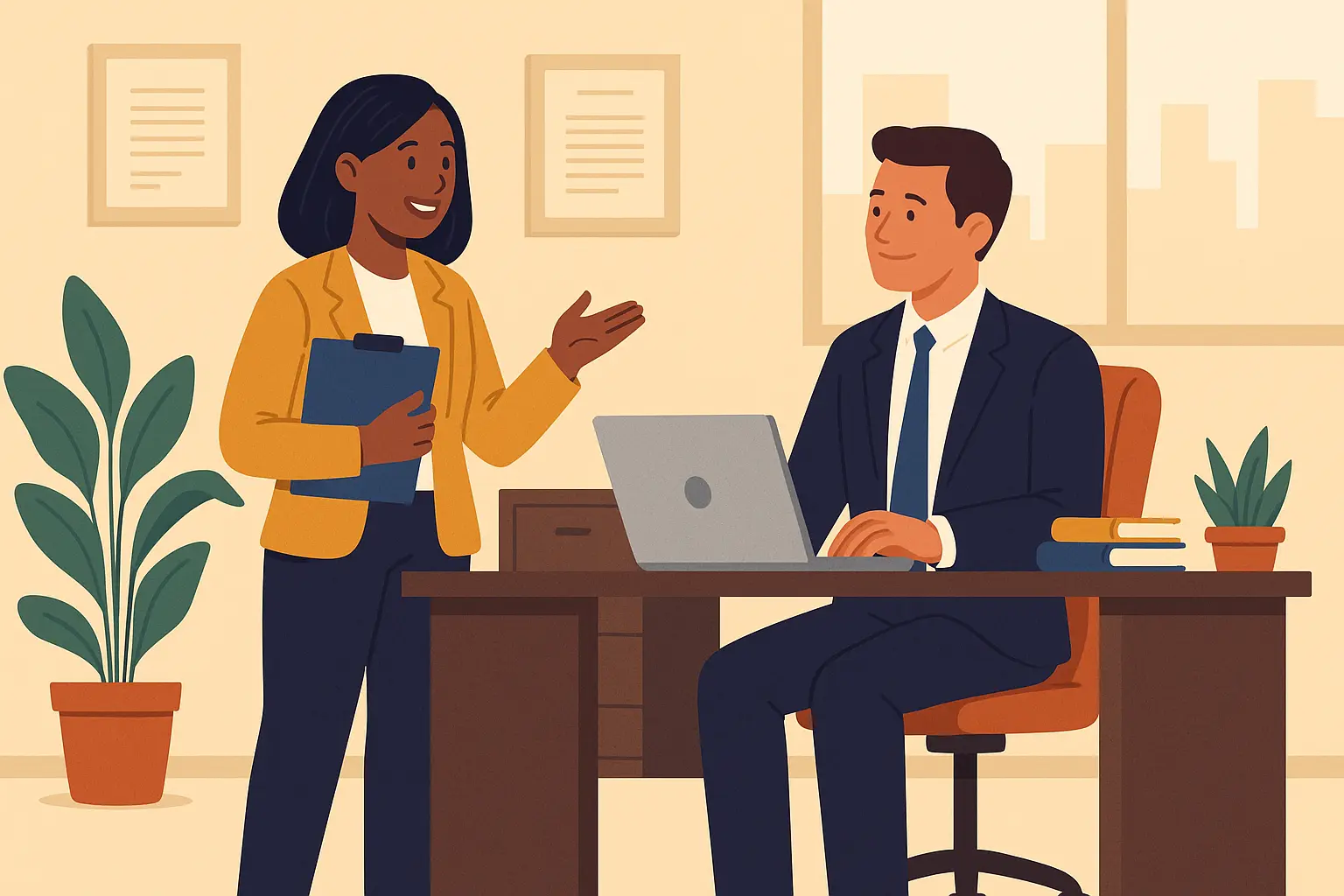 Illustration of an assistant property manager overseeing a residential building with tenants and a maintenance worker.