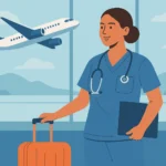 Illustration of a nurse in scrubs with a stethoscope, standing confidently with a travel suitcase. Behind her are symbolic elements of travel and healthcare, including an airplane, a globe, and a hospital building, representing international, cross-country, and in-flight nursing careers.