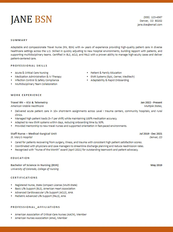 This is resume template for Travel Nurse Resume. This resume template for Travel Nurse resume is ATS Friendly adn HAve a balanced appraoch