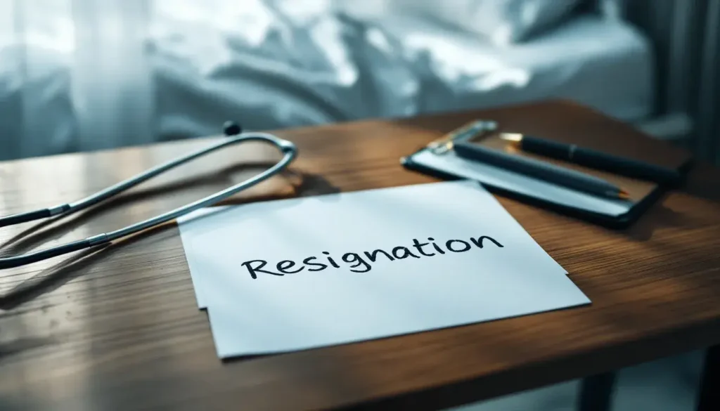 A resignation letter is placed on a desk in a hospital, featuring a formal salutation and expressing gratitude towards the current organization. The letter indicates the intent to resign from the nursing job, providing a two weeks notice for a smooth transition process.