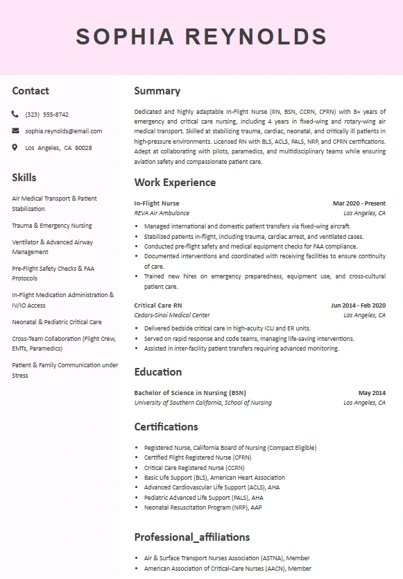 In-Flight Nursing Resume Example showing summary, skills, work experience, education, certifications, and professional affiliations in a pink-accent template.