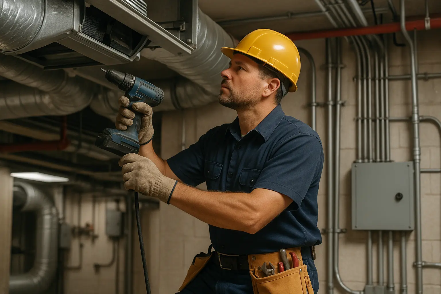 Maintenance worker in uniform and hard hat using tools to perform building repairs.