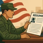 Flat-style illustration of a soldier in uniform shaking hands with a civilian in a suit across a desk with medals, documents, and resumes.
