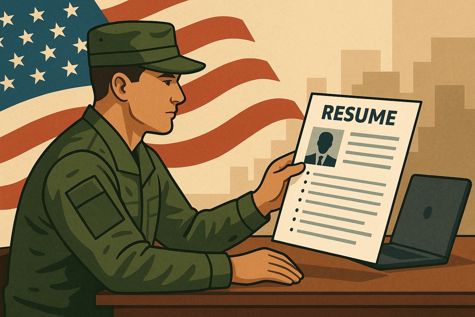 Flat-style illustration of a soldier in uniform shaking hands with a civilian in a suit across a desk with medals, documents, and resumes.