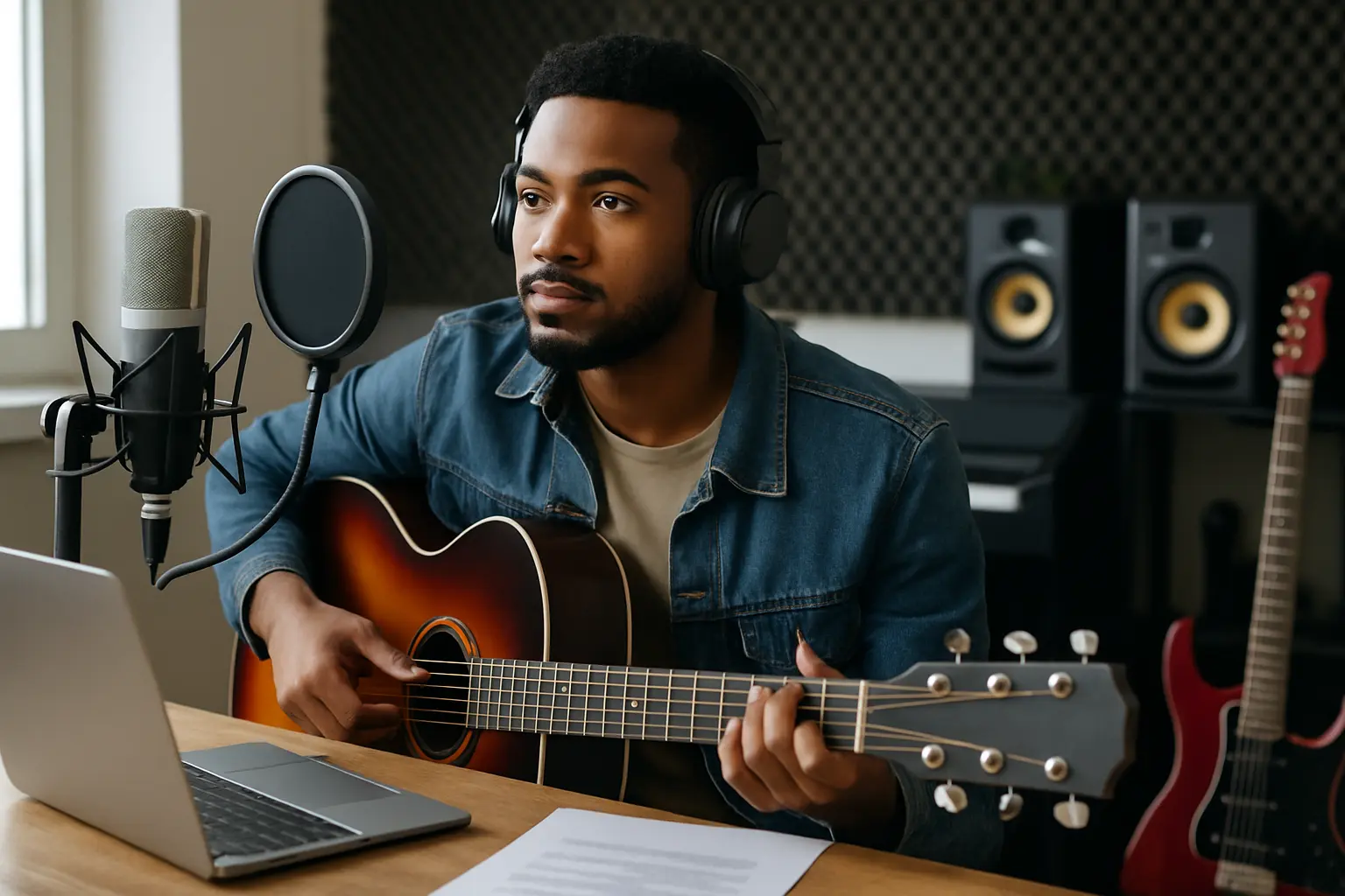 Illustration of a musician recording in a studio, playing an acoustic guitar while wearing headphones, with a microphone and laptop in front.