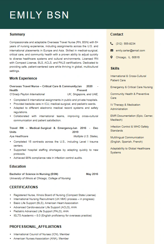 Overseas Travel Nursing Resume Example for showing summary, work experience, education, certifications, skills, and professional affiliations in a beige-accent template.