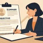 Flat-style illustration of a professional woman writing on a resume at her desk.