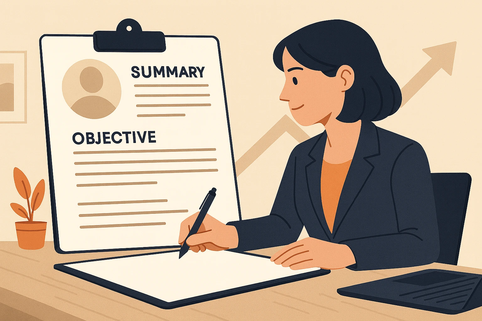 Flat-style illustration of a professional woman writing on a resume at her desk.