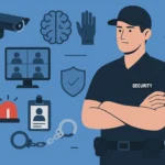Illustration of a professional security guard with surveillance icons, symbolizing key security skills.