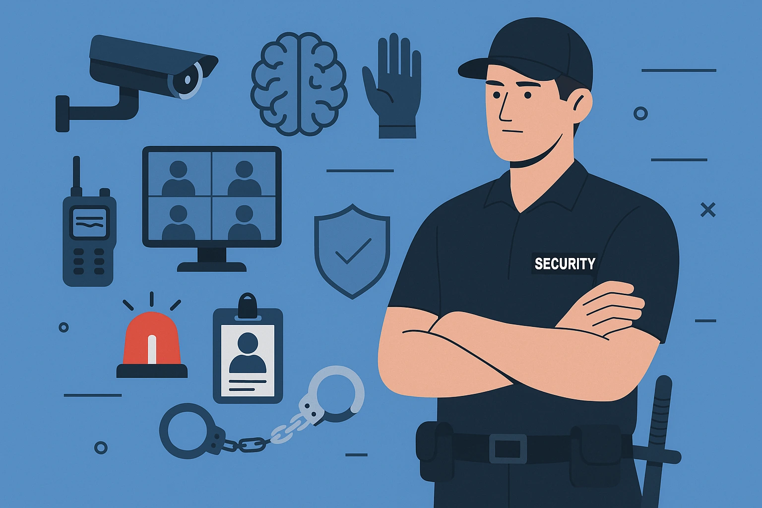 Illustration of a professional security guard with surveillance icons, symbolizing key security skills.