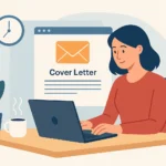 Flat illustration of a woman typing on a laptop with an email symbol above the screen.