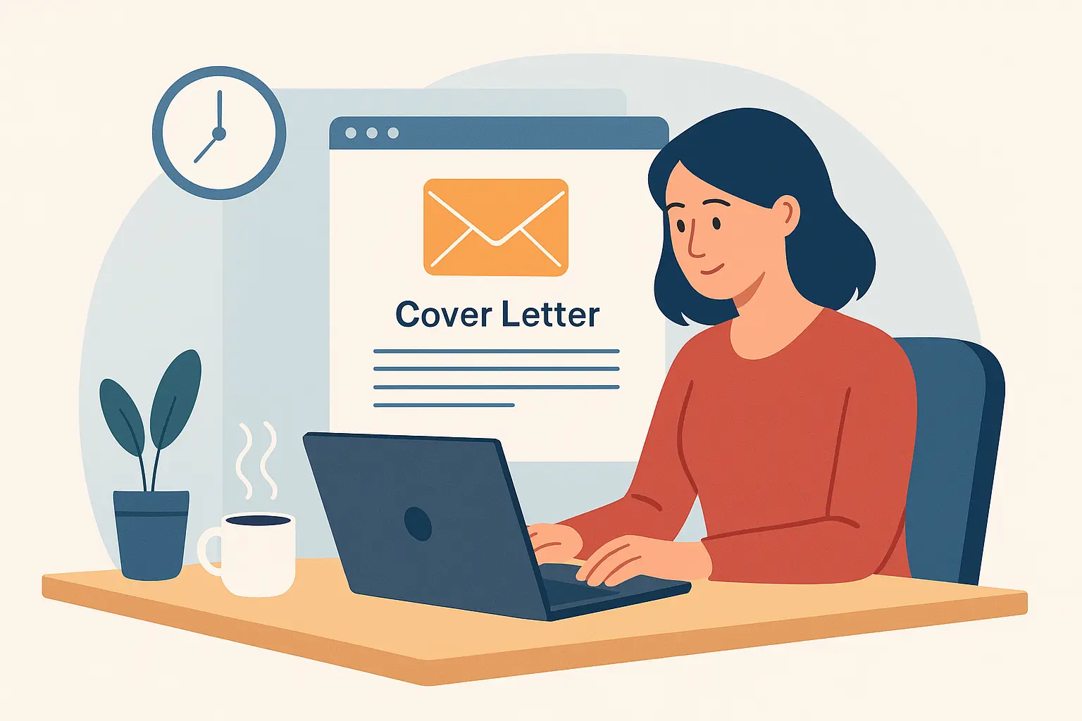 Flat illustration of a woman typing on a laptop with an email symbol above the screen.