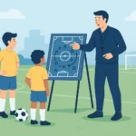 Flat-style illustration of a soccer coach guiding players on a field with a strategy board.