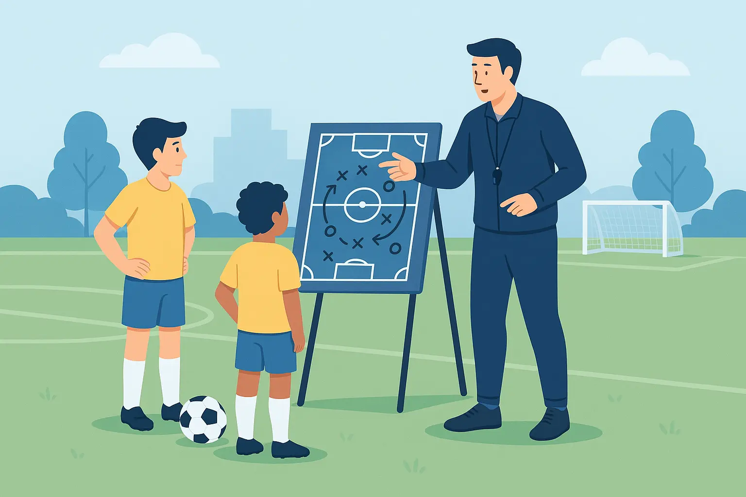 Flat-style illustration of a soccer coach guiding players on a field with a strategy board.