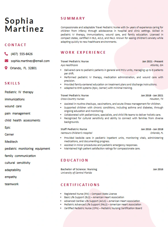 This is Travel Pediatric Nurse Resume Template which highlights Family centered care and specialized focus for patient 