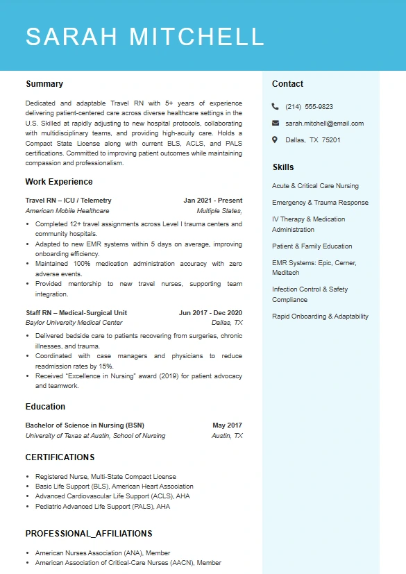 This is Travel RN Resume template. This template is Modernd 