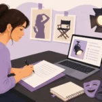 Flat vector illustration of an aspiring actor writing a professional cover letter at a creative workspace with theater and film props