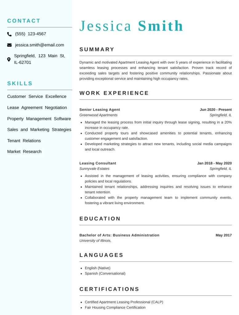 “Apartment Leasing Agent Resume Template with professional summary, work experience, certifications, language skills, and clean modern design.”