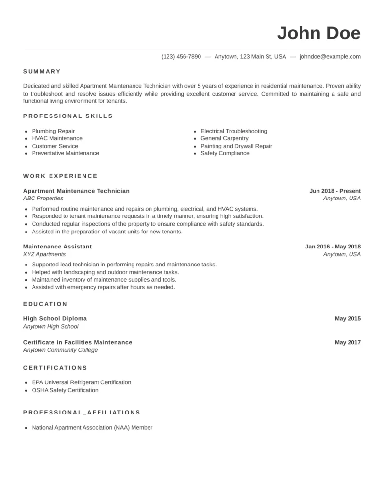 Apartment Maintenance Worker Resume Template