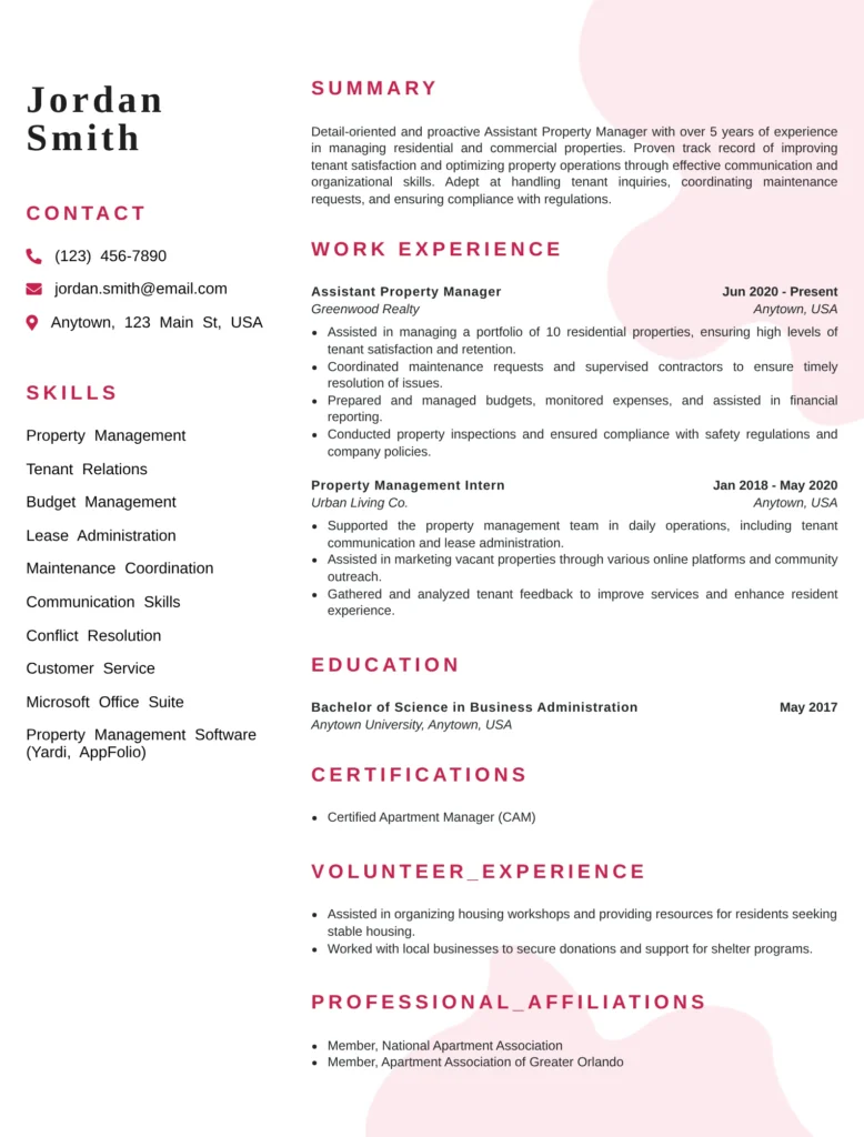 “Assistant Property Manager Resume Template with professional summary, work experience, certifications, volunteer activities, and skills section in modern design.”