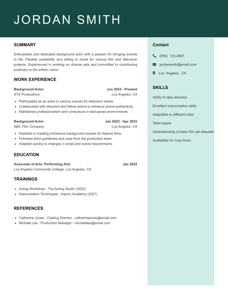 Background / Extra Actor Resume Template