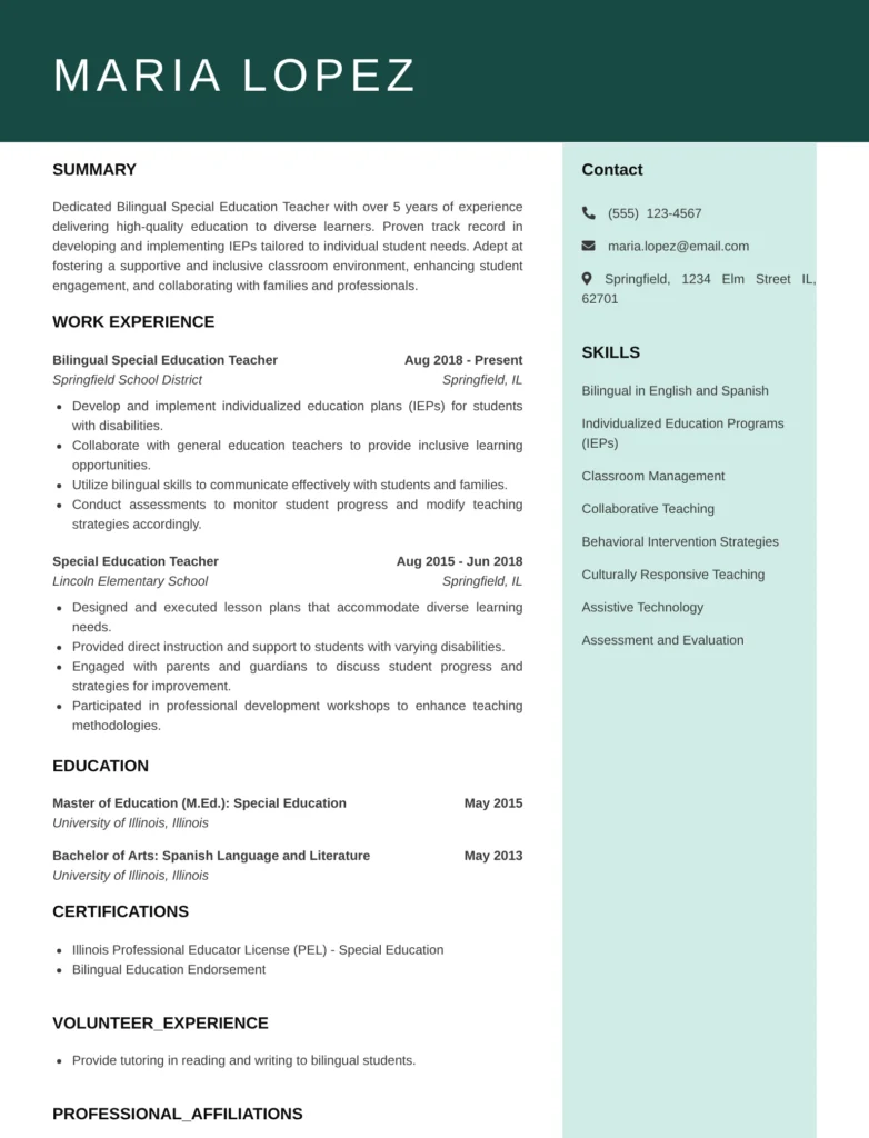 Bilingual special education teacher resume sample highlighting IEP experience, bilingual skills, classroom management, certifications, and professional affiliations.