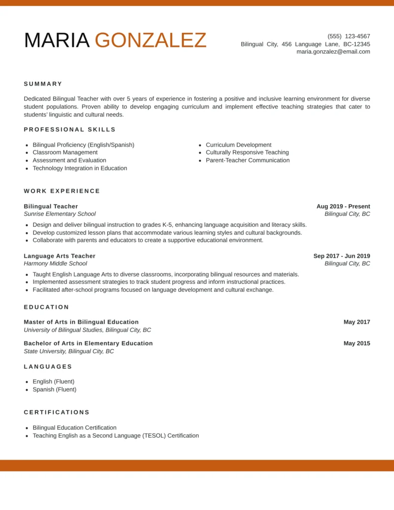 Bilingual teacher resume template with summary, skills, work experience, education, and certifications in a clean professional layout.