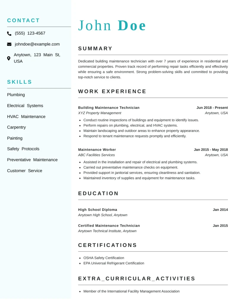 Building Maintenance Worker Resume Template